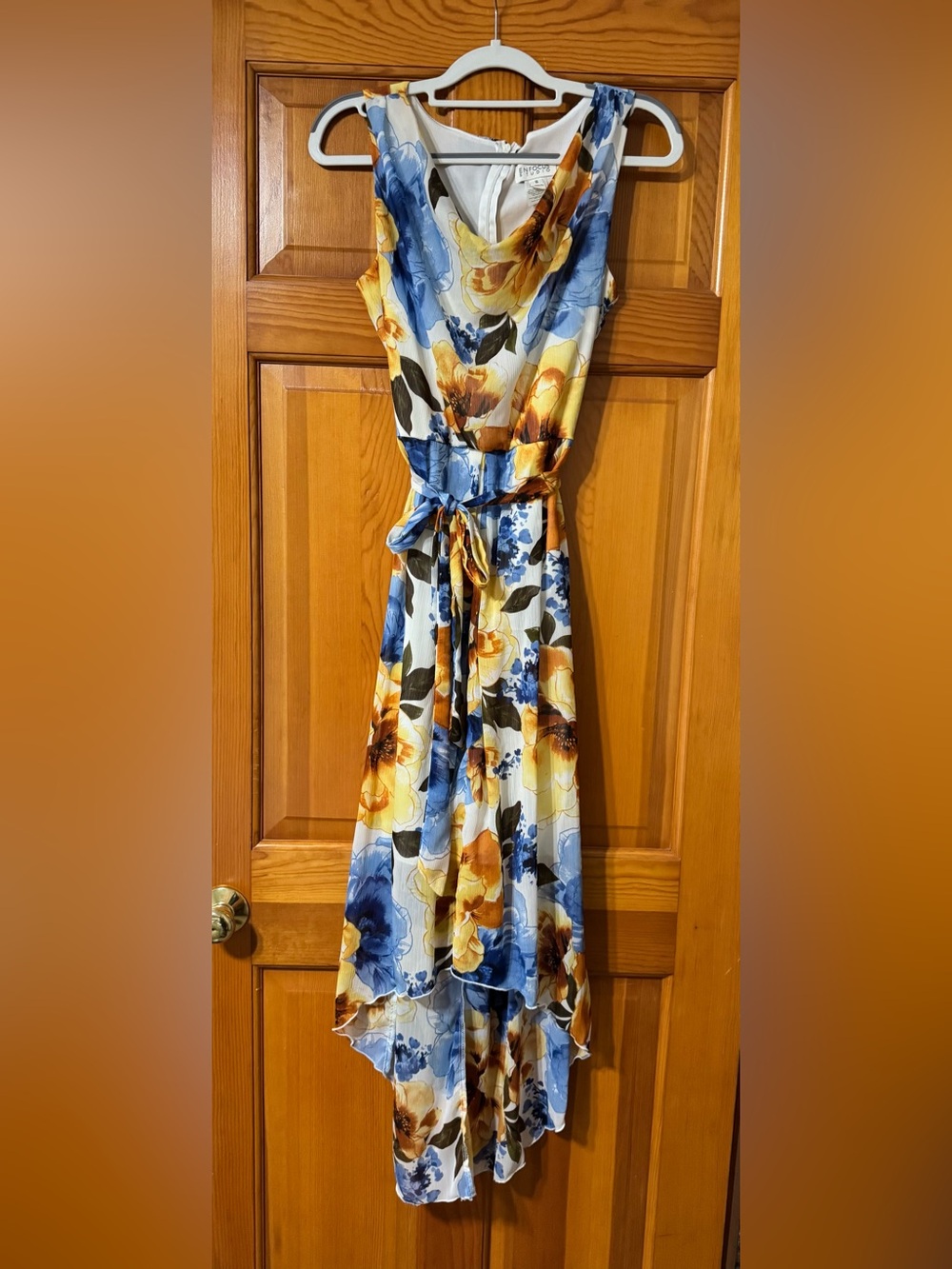 Floral Belted Hi-Lo Dress in Blue & Yellow Size 8